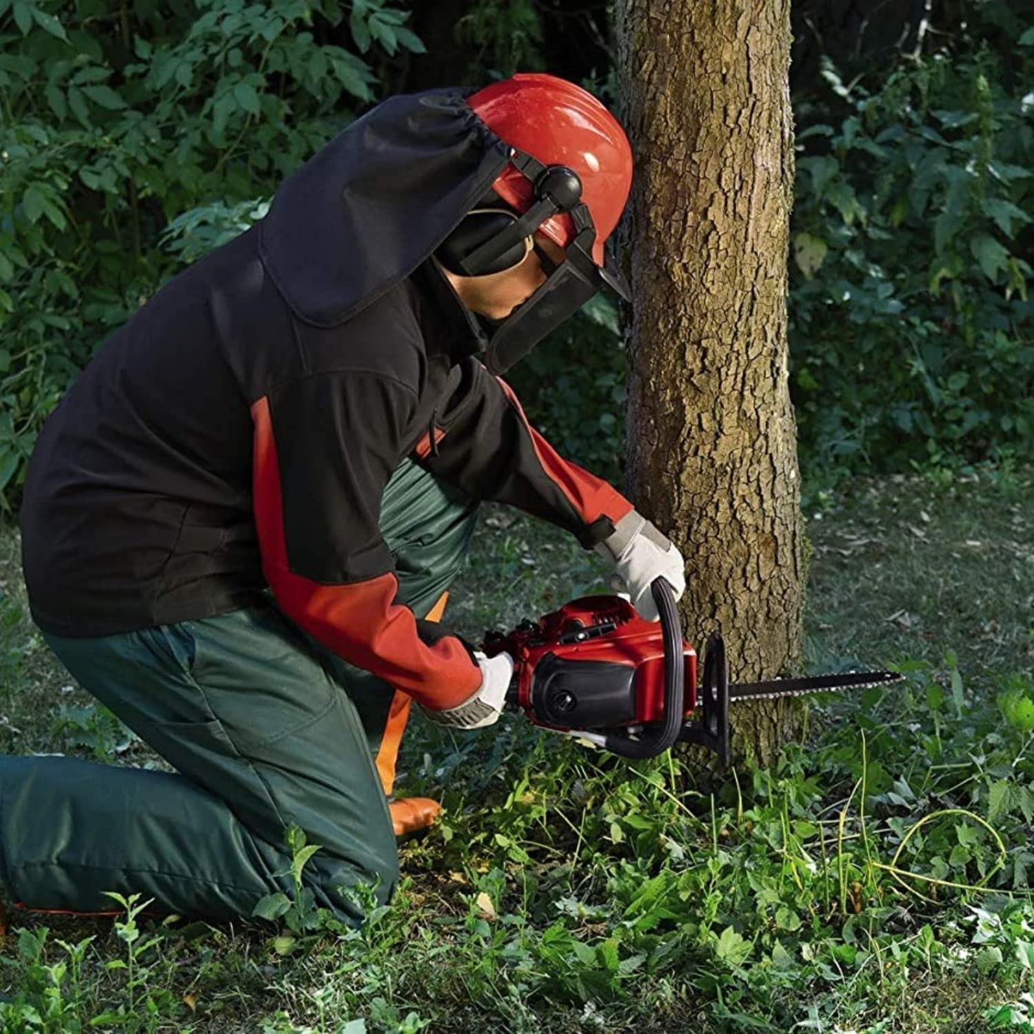 Opérateur casqué avec visière et pantalon de protection tronçonnant le pied d'un arbre en sous-bois