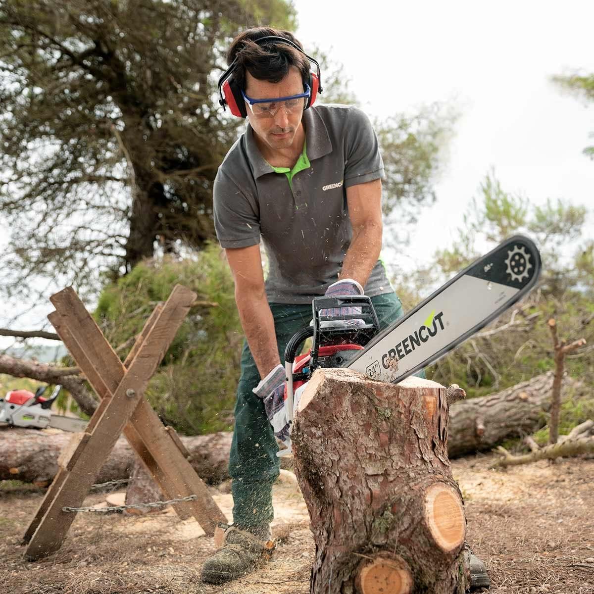 Homme équipé d'un casque antibruit et de lunettes tronçonnant une souche de pin avec une machine thermique