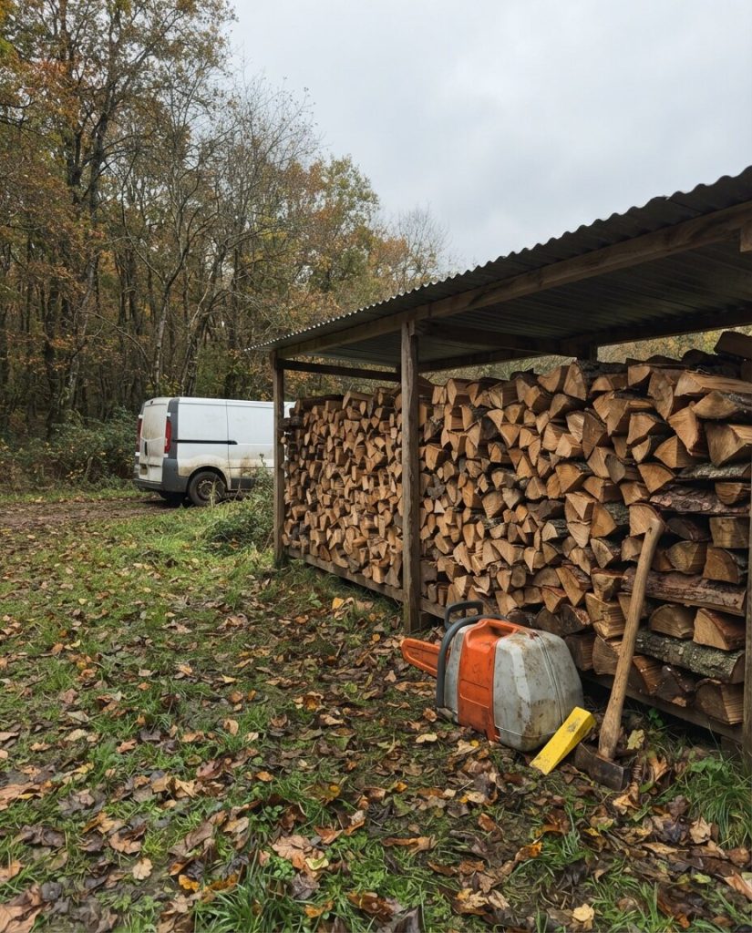 Bois de chauffage fendu et rangé sous abri en lisière de forêt, tronçonneuse dans sa mallette au pied du tas