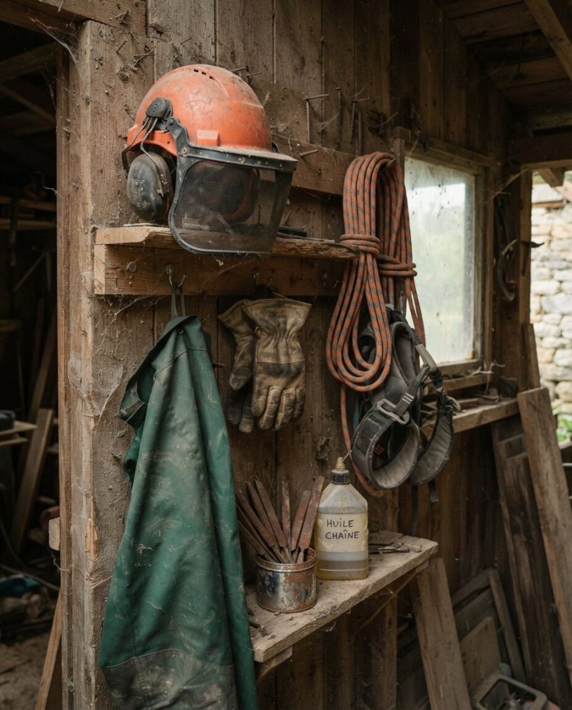 Casque forestier à visière, gants, corde, harnais et pantalon anti-coupure accrochés dans une cabane en bois